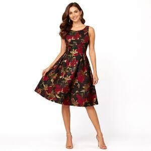 Adrianna Papell Jacquard Formal Cocktail Dress Womens 6 Black Red Wedding Party